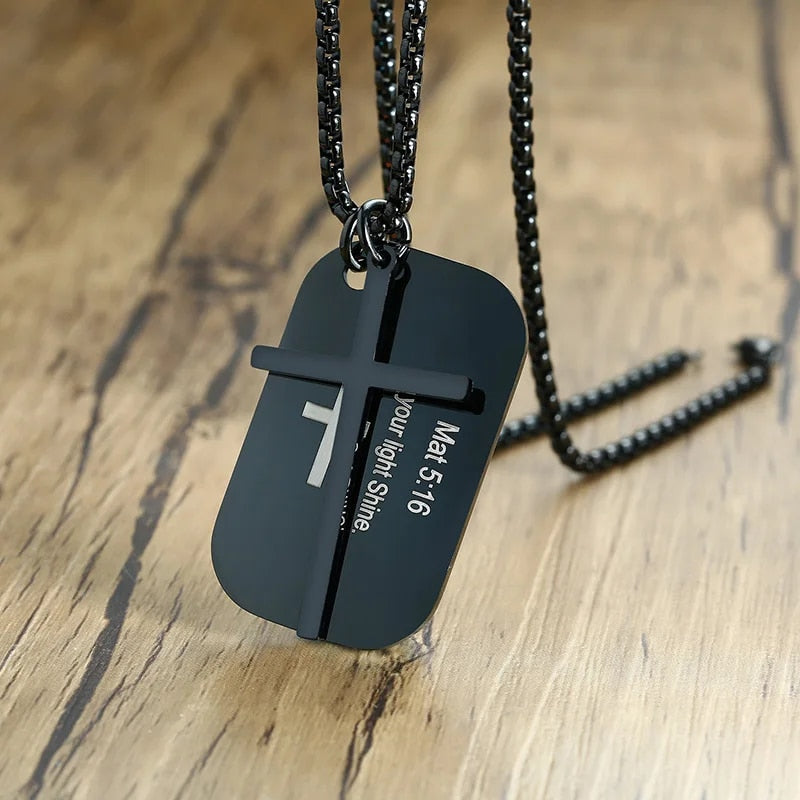 Stainless Steel Cross and Bible Verse Dog Tag