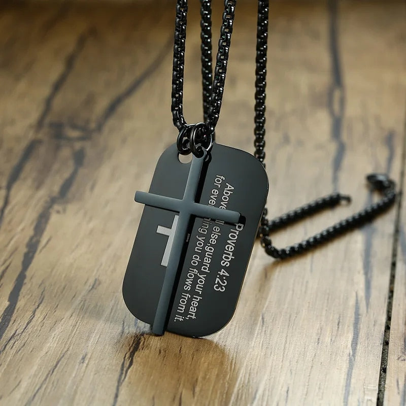 Stainless Steel Cross and Bible Verse Dog Tag