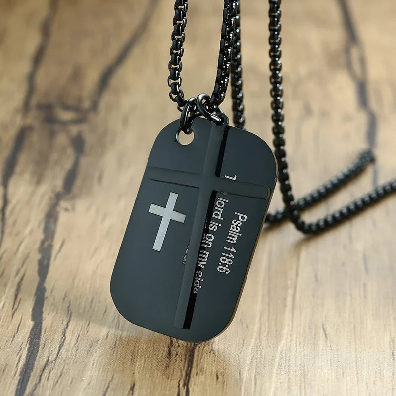 Stainless Steel Cross and Bible Verse Dog Tag