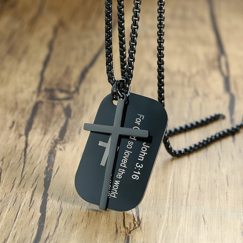 Stainless Steel Cross and Bible Verse Dog Tag