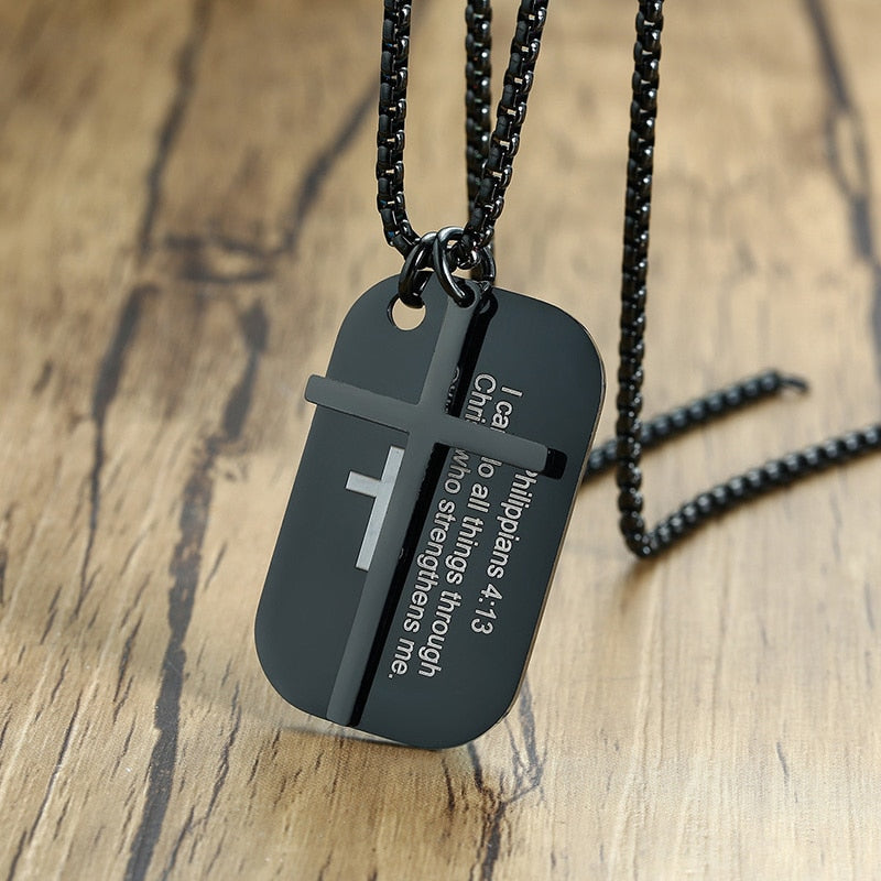 Stainless Steel Cross and Bible Verse Dog Tag