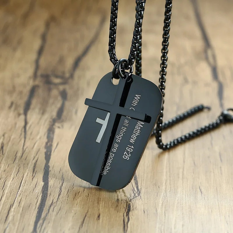 Stainless Steel Cross and Bible Verse Dog Tag