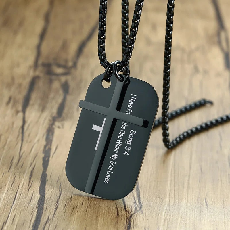 Stainless Steel Cross and Bible Verse Dog Tag