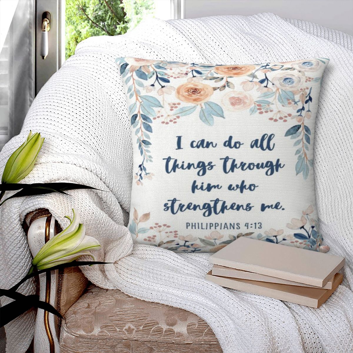Philippians 4:13 Watercolour Floral Cushion Cover