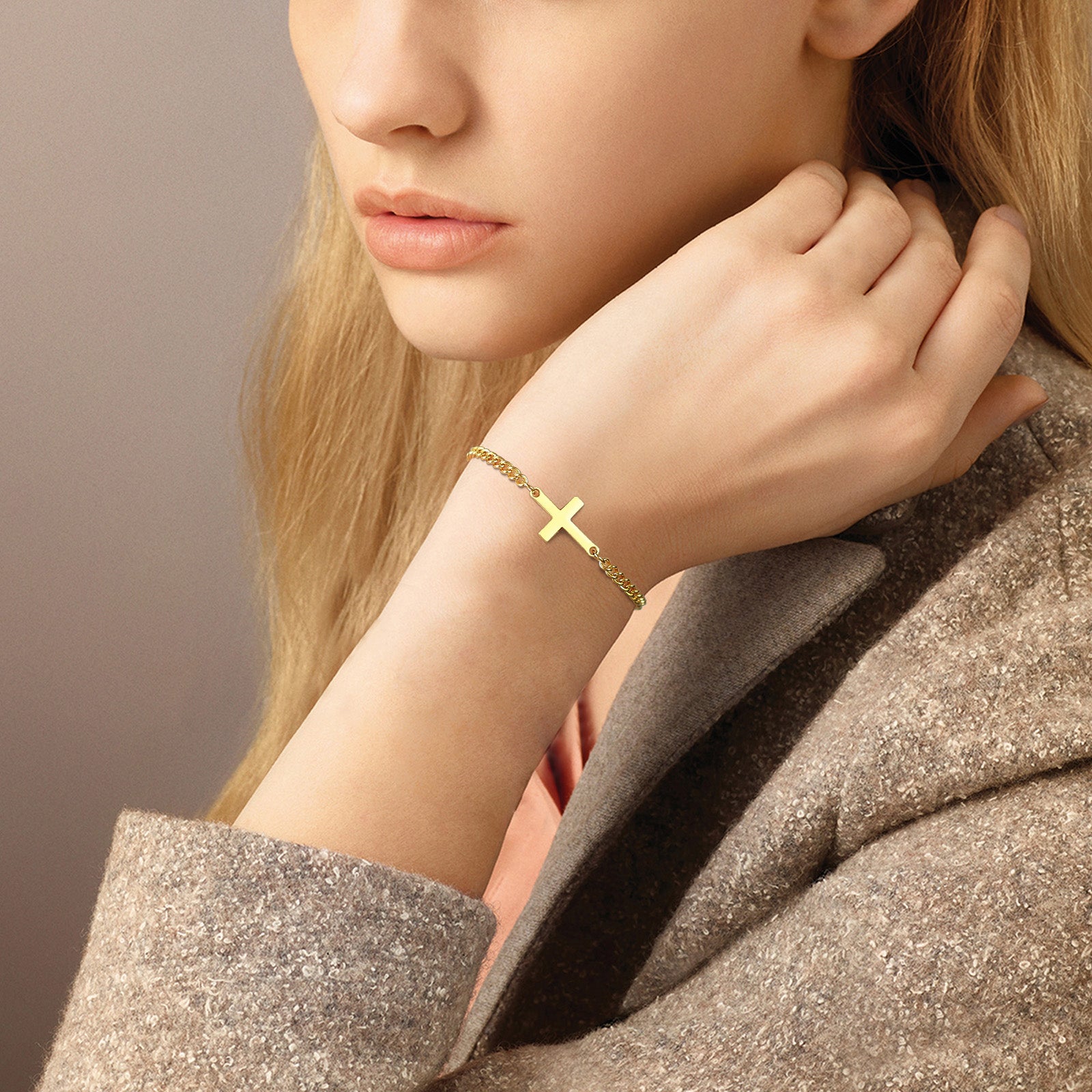 Stainless Steel Cross Narrow Cuban Chain Bracelet