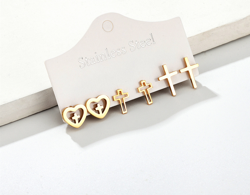 3 Pairs Stainless Steel Gold Cross Earrings Set