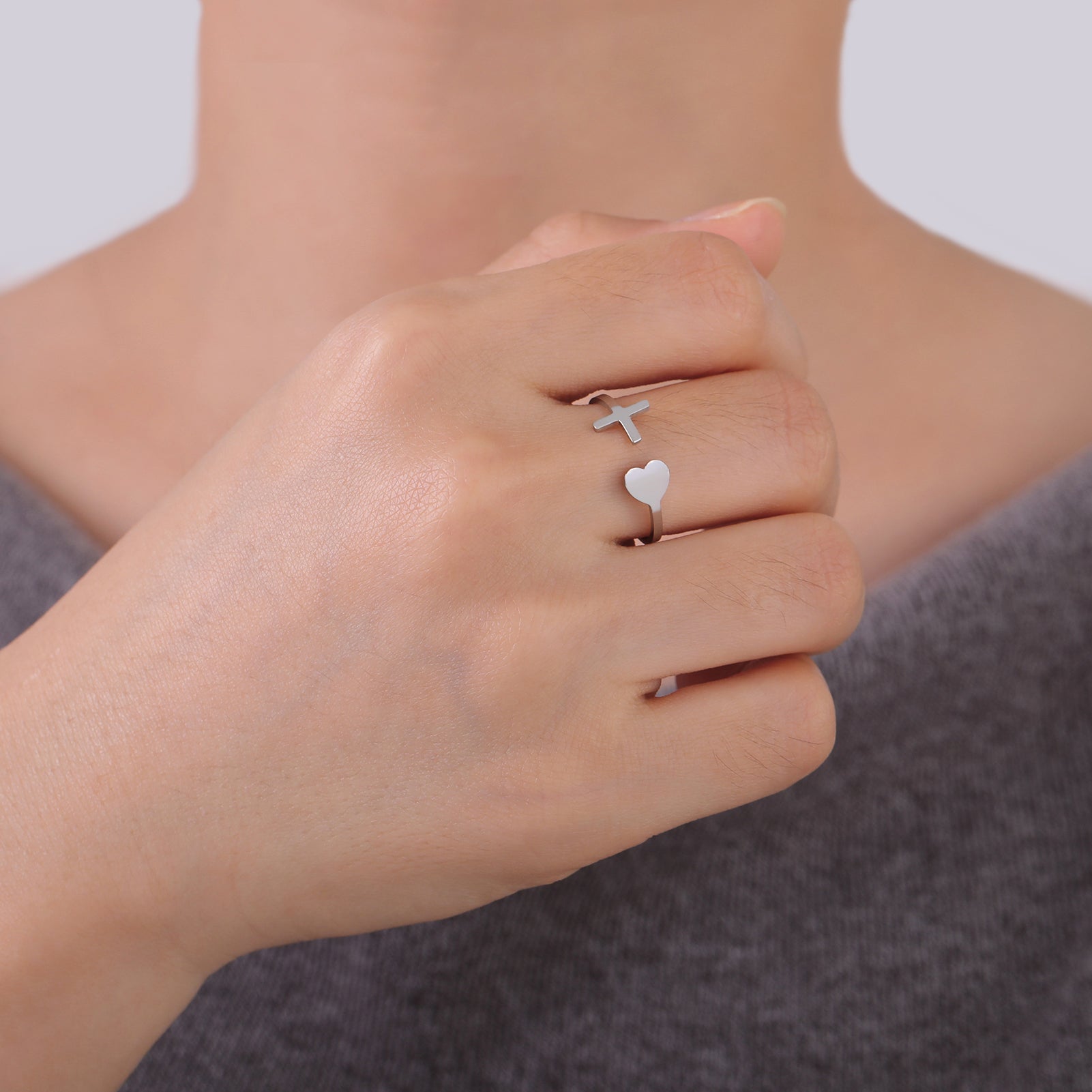 Stainless Steel Cross Heart Adjustable Open Ring