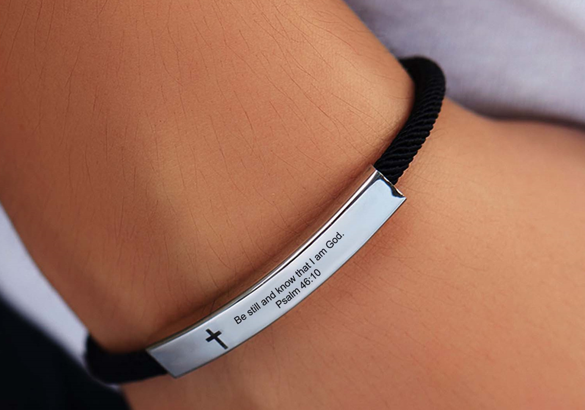 Stainless Steel Banded Cross Scripture Bracelet