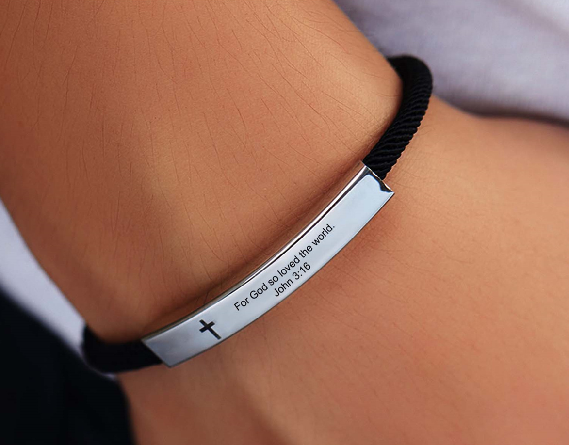 Stainless Steel Banded Cross Scripture Bracelet