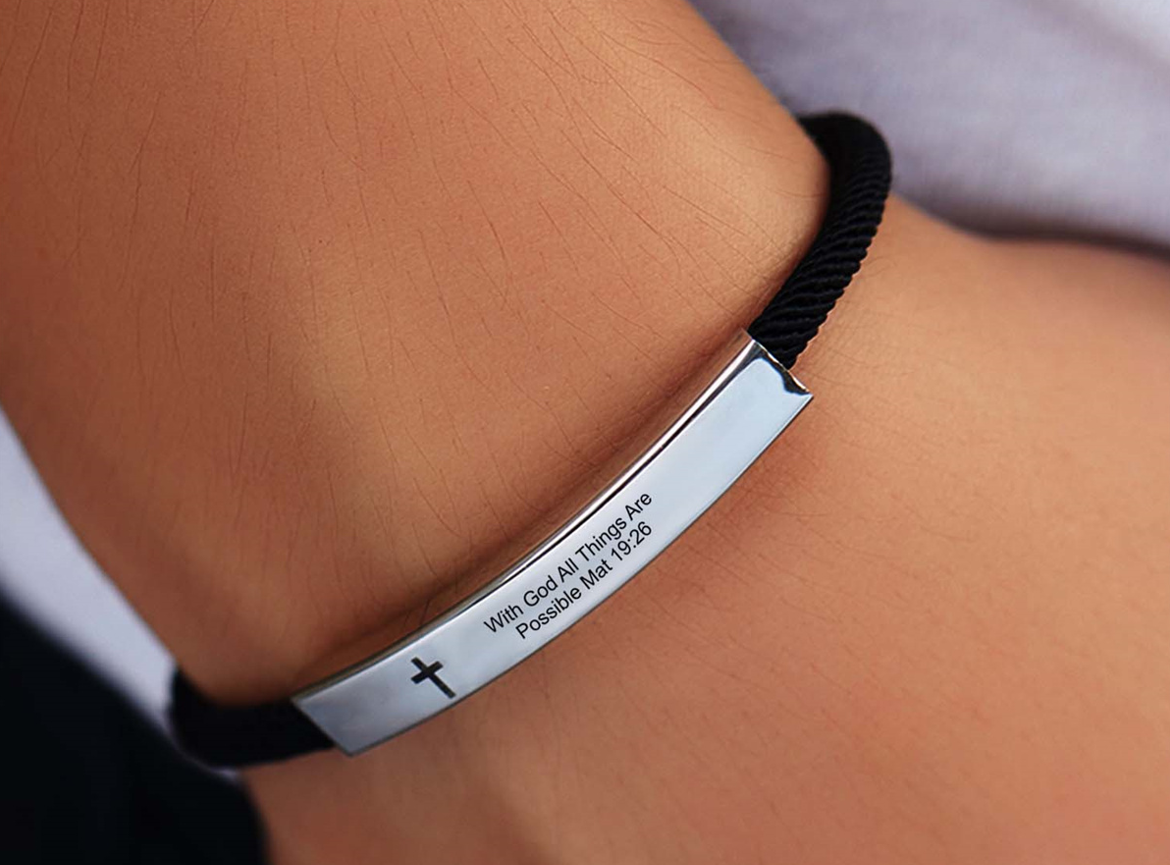 Stainless Steel Banded Cross Scripture Bracelet