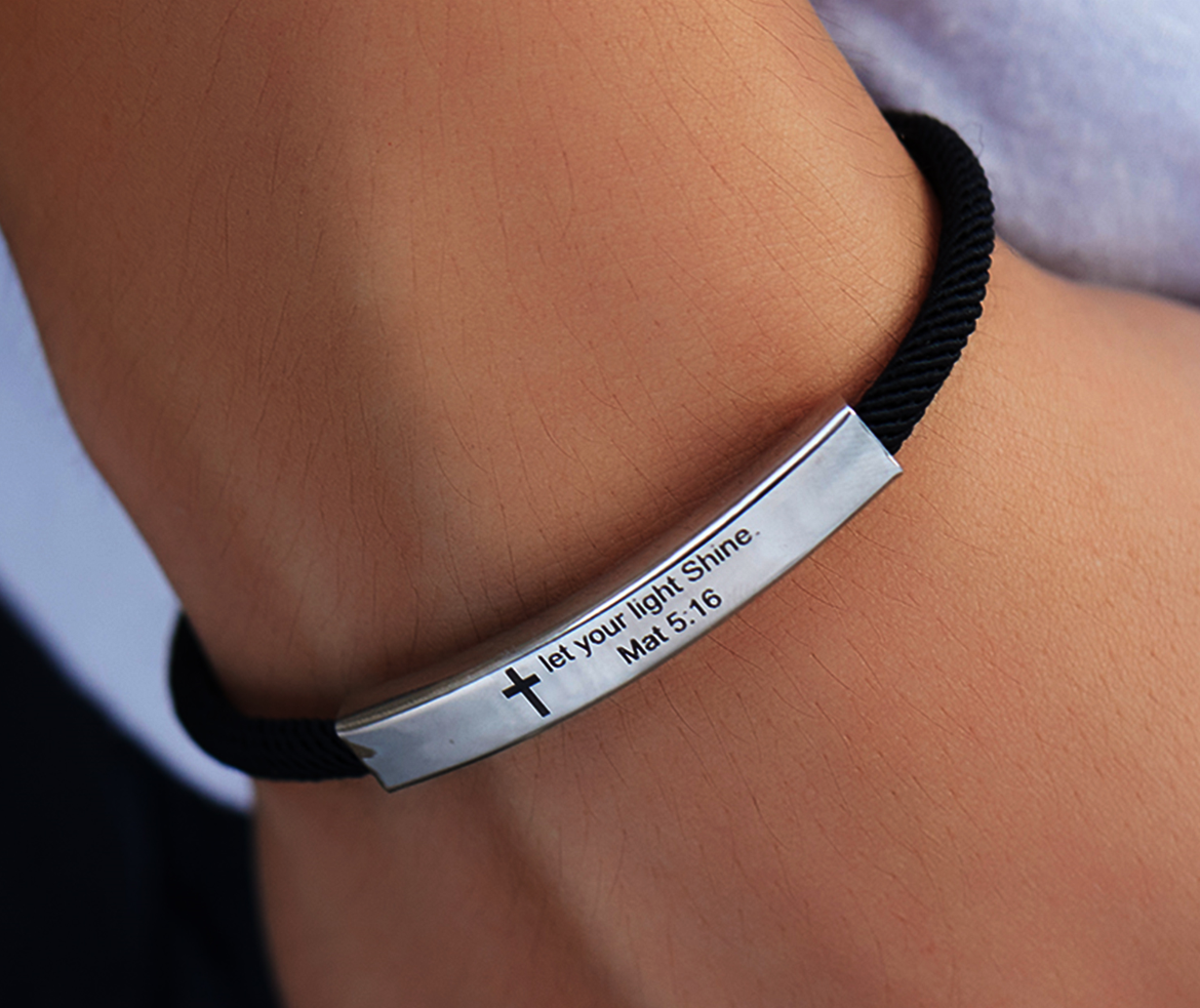 Stainless Steel Banded Cross Scripture Bracelet