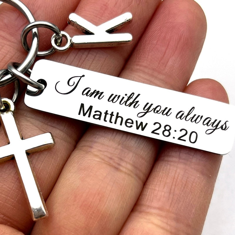 Matthew 28:20 Laser Engraved Scripture Key Chain + Initial Pendant