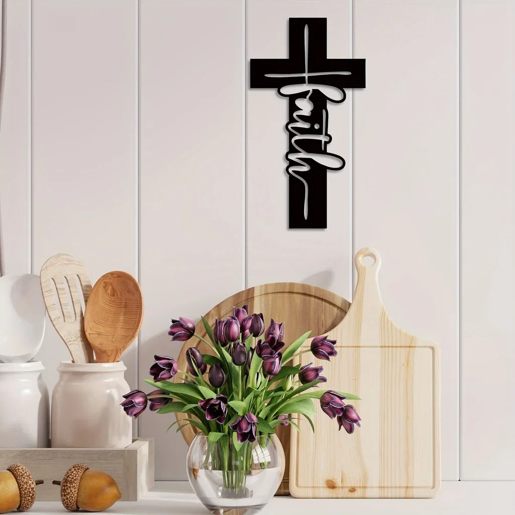 Faith Cursive Cross Metal Wall Art