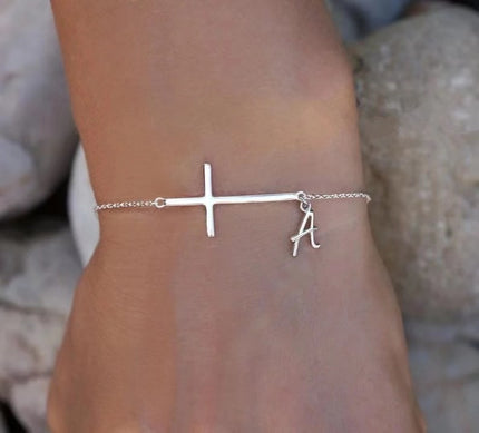 Customisable Initial and Sideways Cross Alloy Bracelet