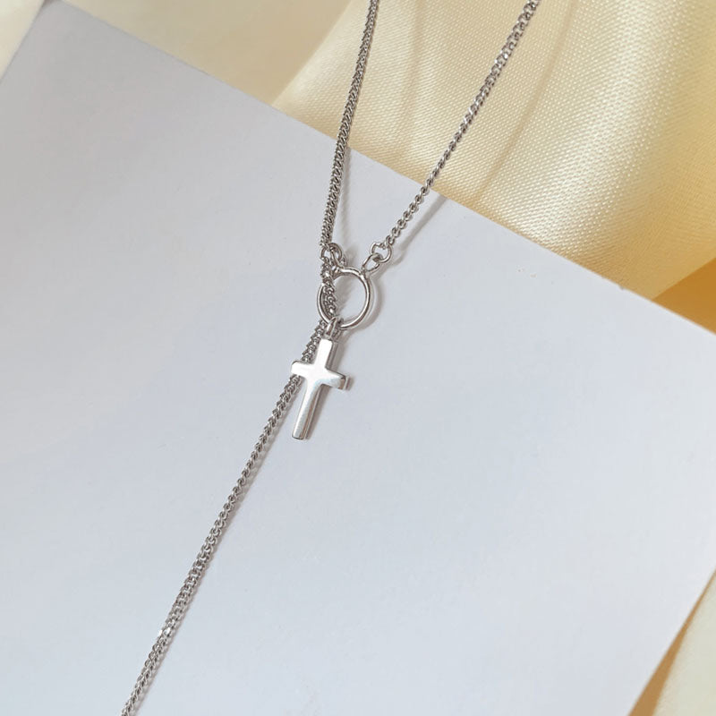 Double Cross Long Chain Silver Necklace