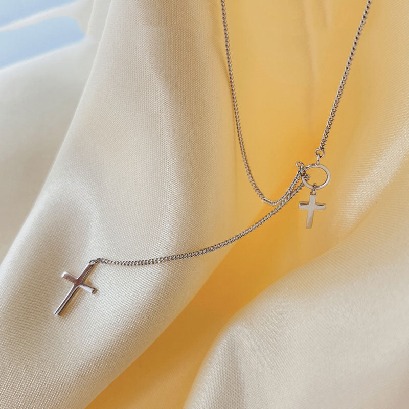 Double Cross Long Chain Alloy Silver Necklace