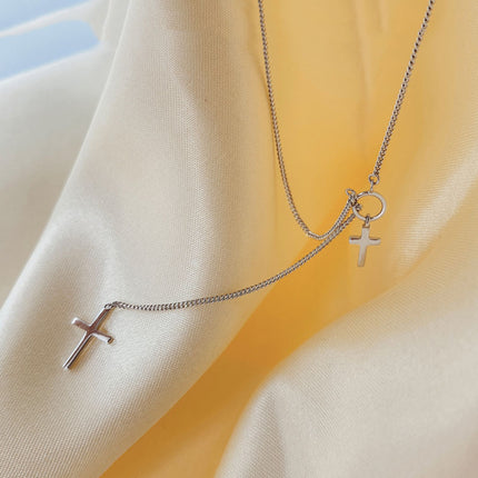 Double Cross Long Chain Alloy Silver Necklace