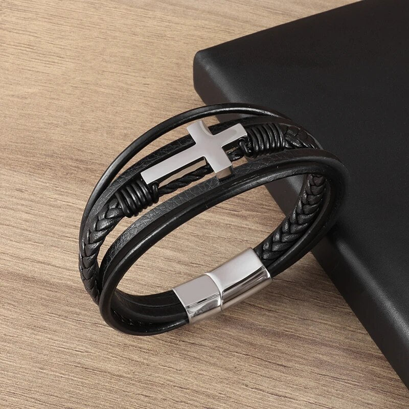 Braided Leather Cross Men's Bracelet