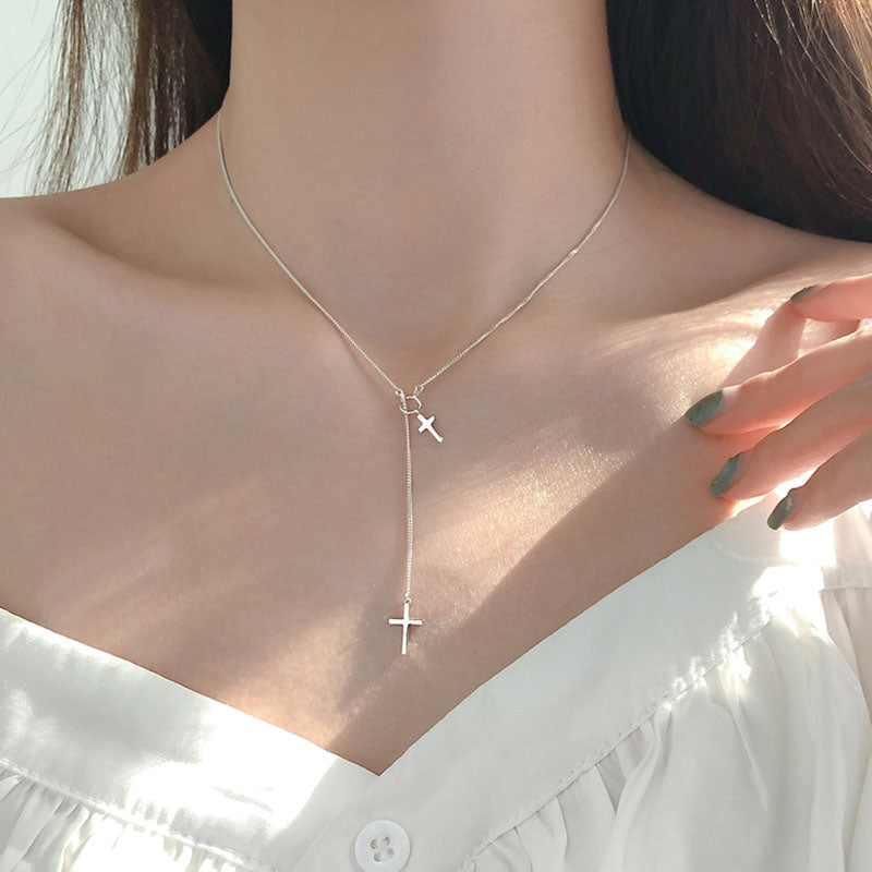 Double Cross Long Chain Silver Necklace