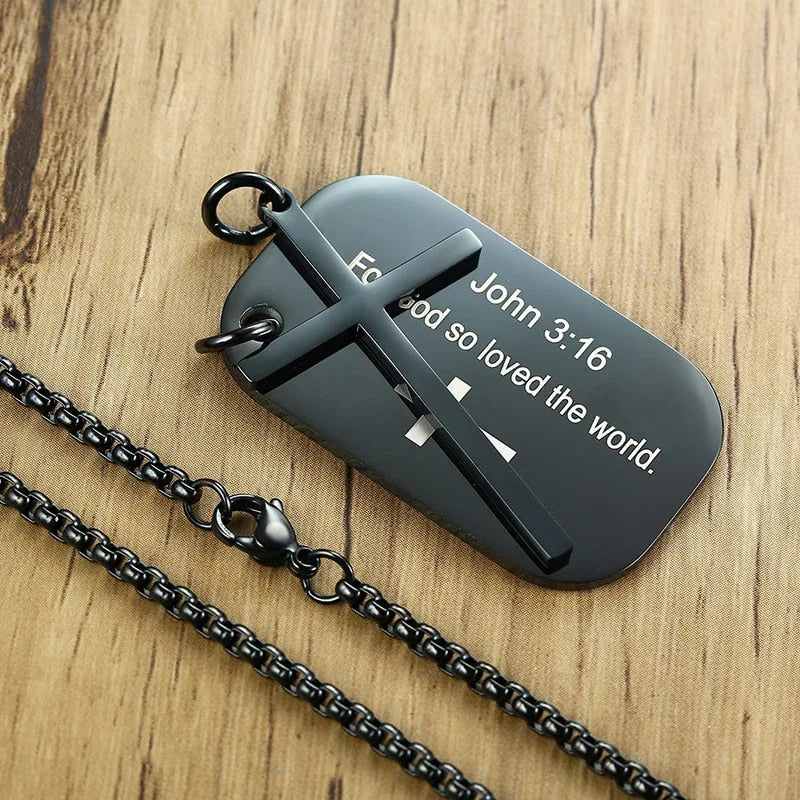 Stainless Steel Cross and Bible Verse Dog Tag