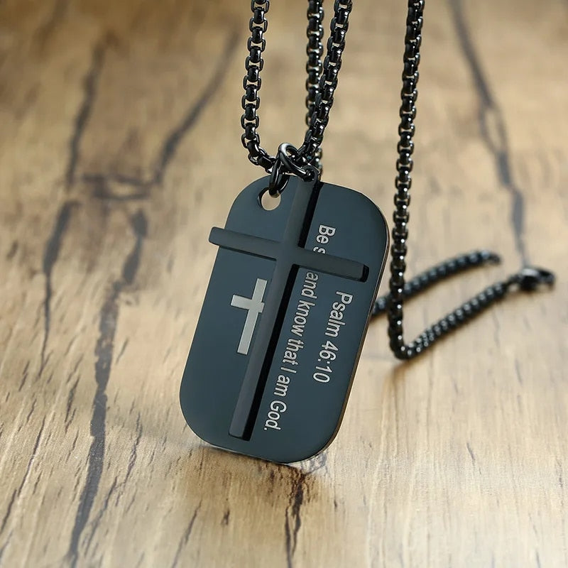 Stainless Steel Cross and Bible Verse Dog Tag