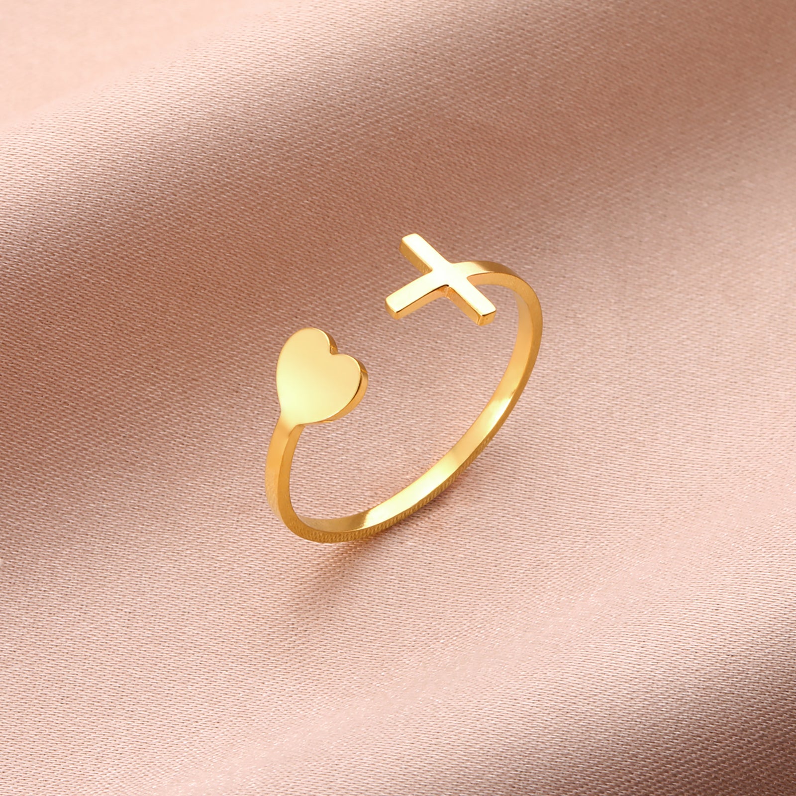 Stainless Steel Cross Heart Adjustable Open Ring