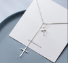 Double Cross Long Chain Silver Necklace