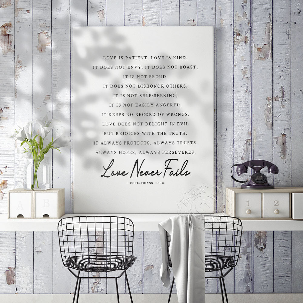 1 Corinthians 13:4-8 'Love Never Fails' Printed Wall Art