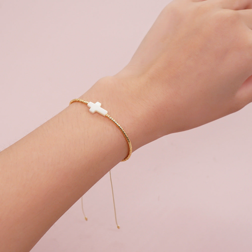 Beaded Gold Cross Bracelet