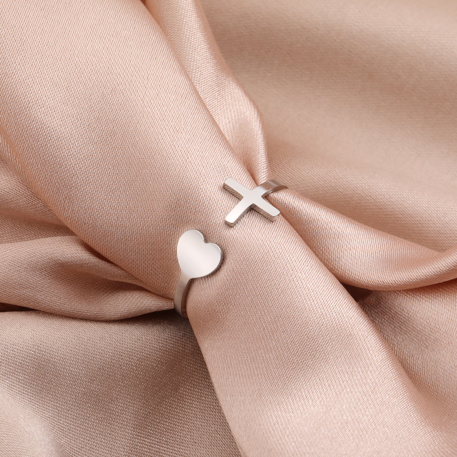 Stainless Steel Cross Heart Adjustable Open Ring
