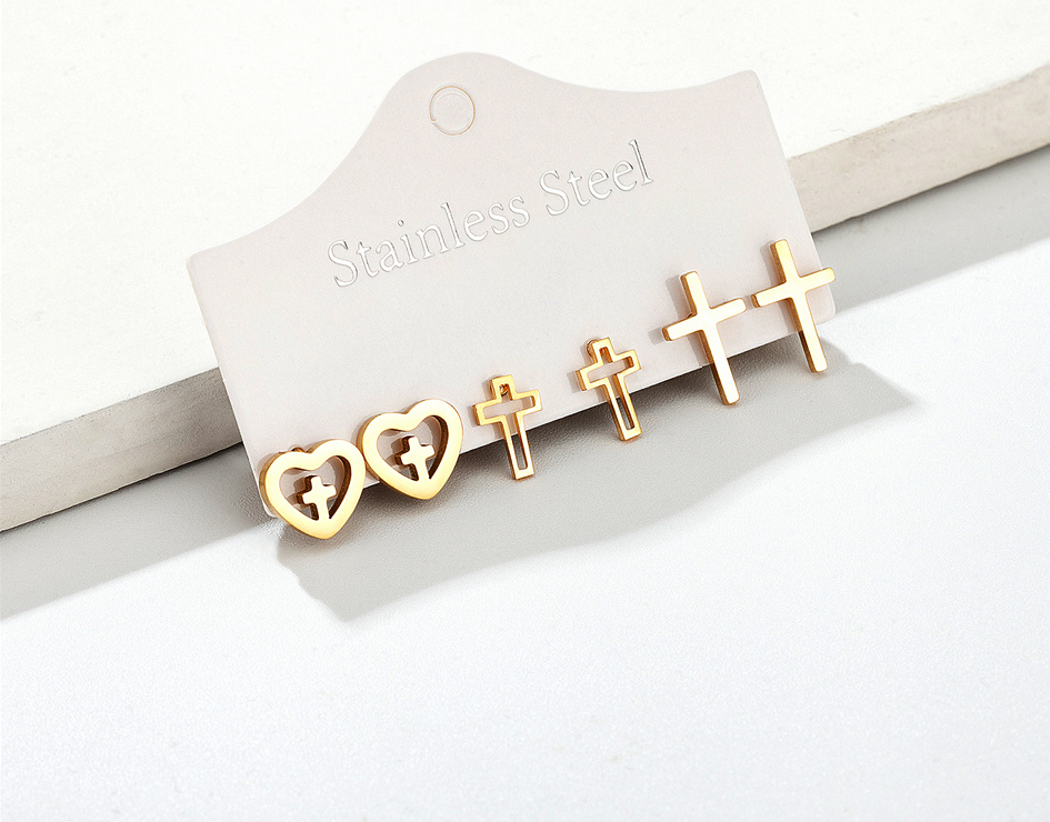 3 Pairs Christian Gold Cross Earrings Set