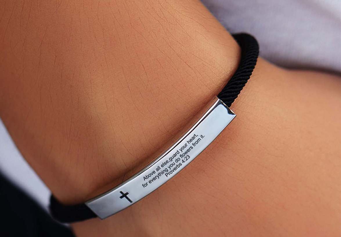 Stainless Steel Banded Cross Scripture Bracelet