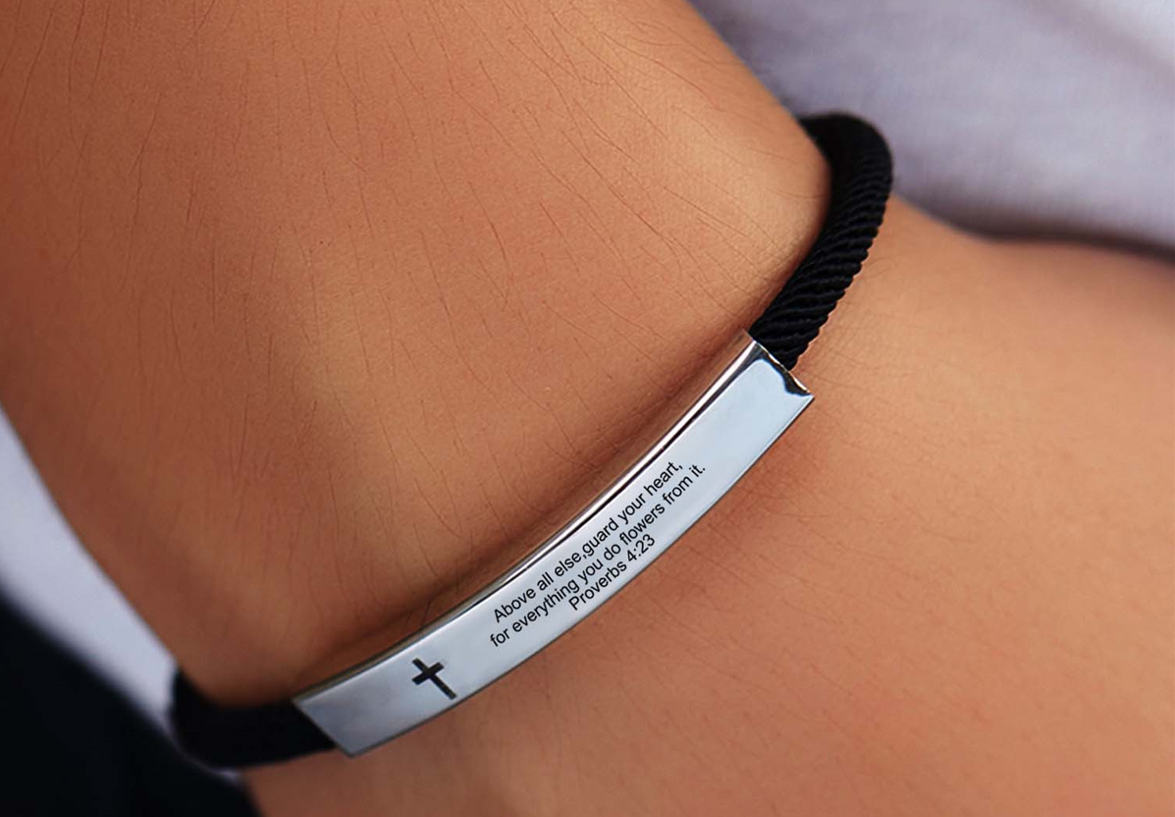 Steel Banded Cross Scripture Bracelet