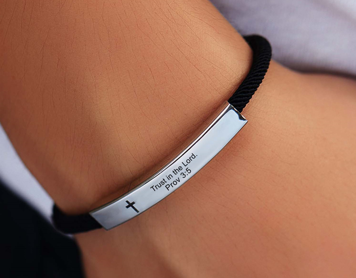 Stainless Steel Banded Cross Scripture Bracelet