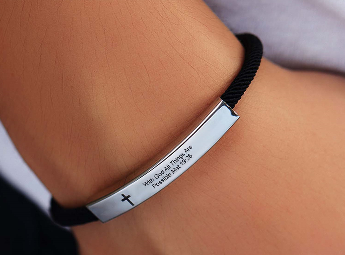 Steel Banded Cross Scripture Bracelet