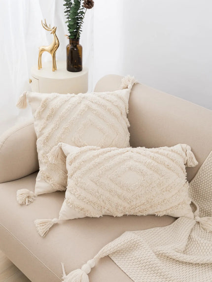 Beige Tuft Fringe Cushion Cover