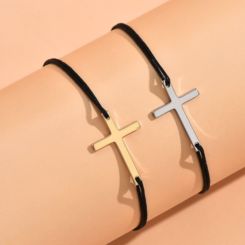 Gold and Silver Cross Lace-Up Bracelets (2 Pieces)