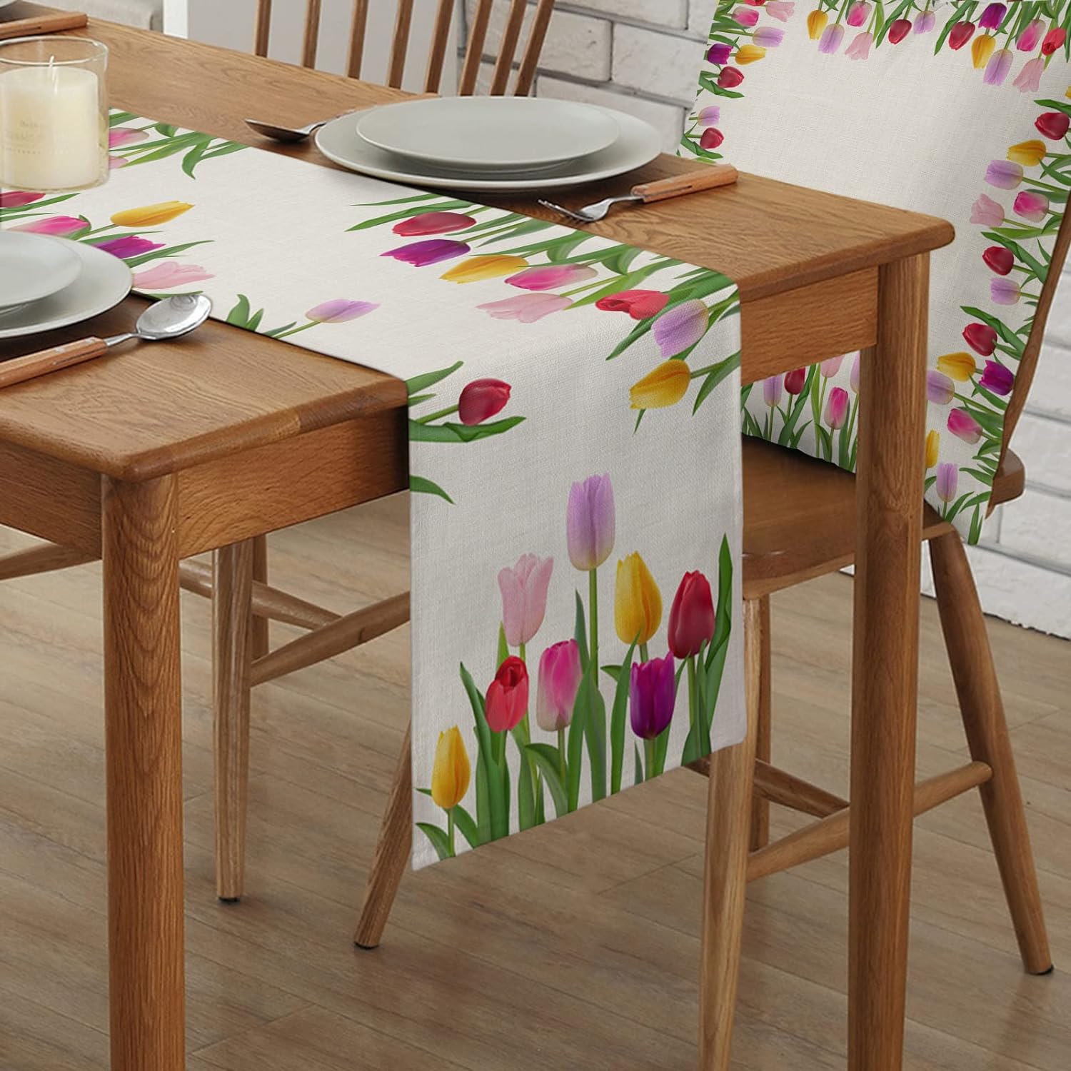 Spring Tulip Linen Table Runner