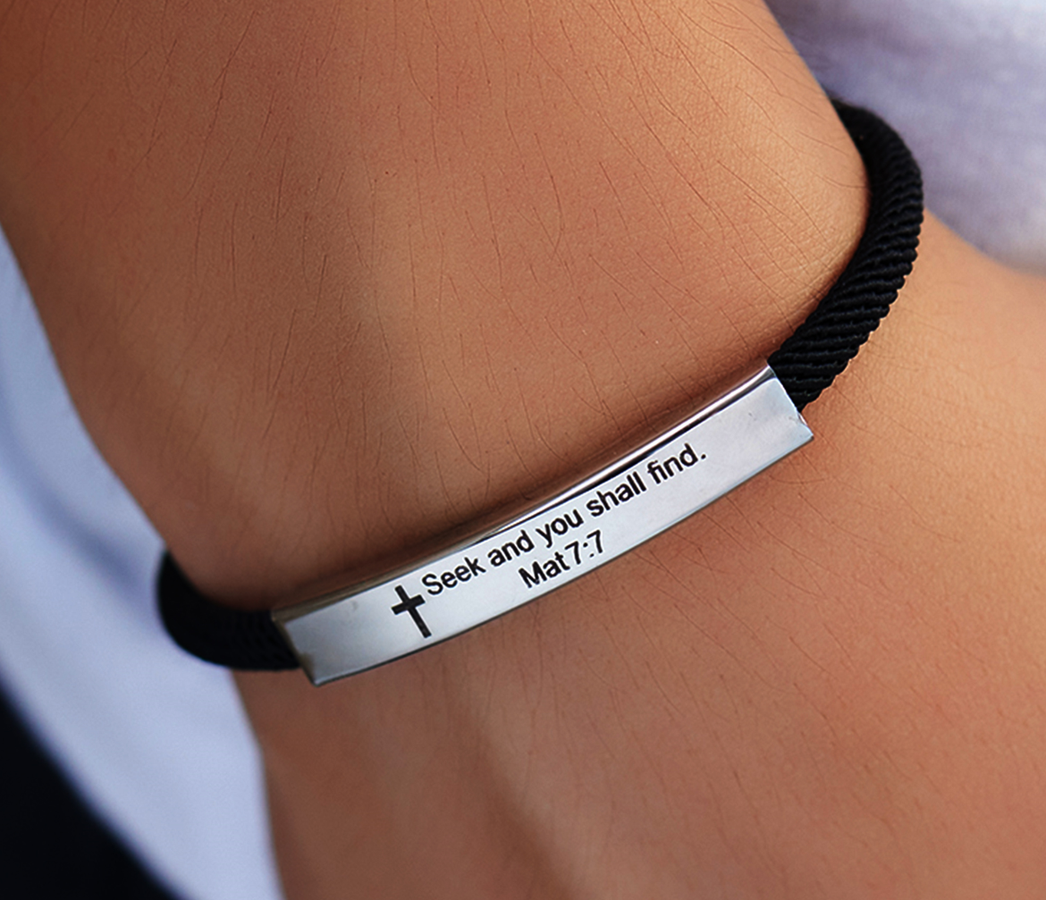 Stainless Steel Banded Cross Scripture Bracelet