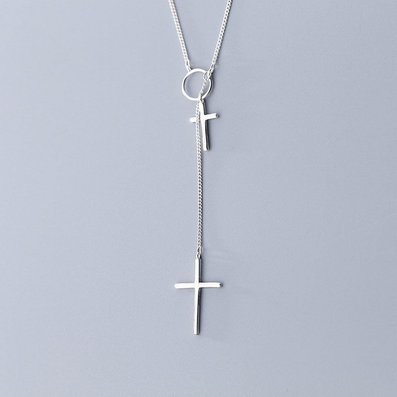 Double Cross Long Chain Silver Necklace