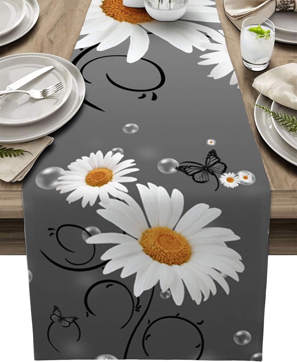 Yellow Daisy Butterfly Linen Table Runner