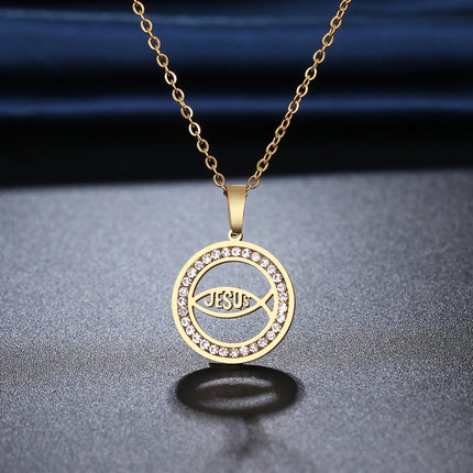 Circular Stainless Steel Jesus Fish Necklace