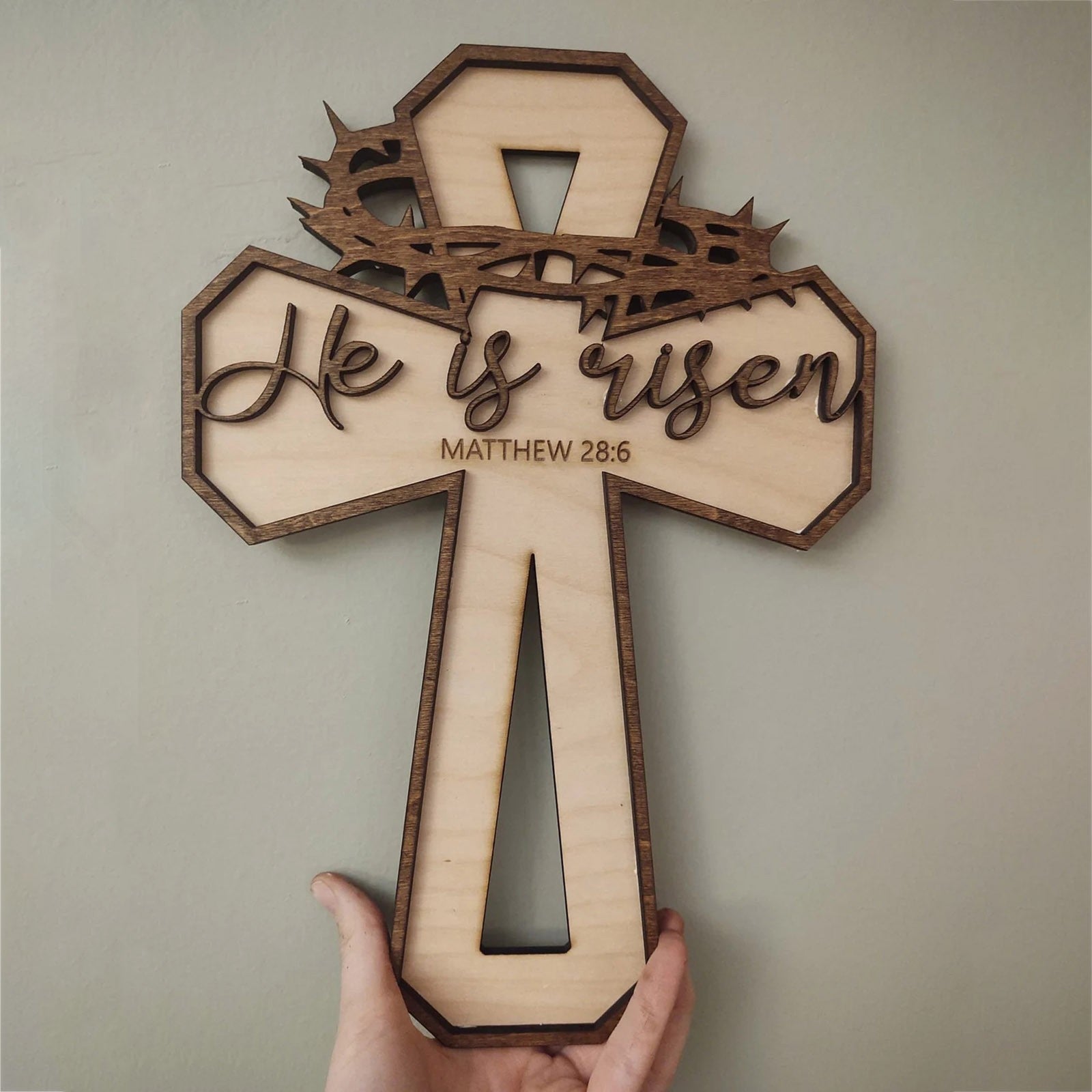 He is Risen Wooden Cross Ornament