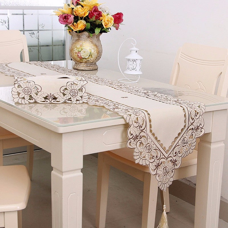 Pastoral Embroidery Hollow Flower Table Runner