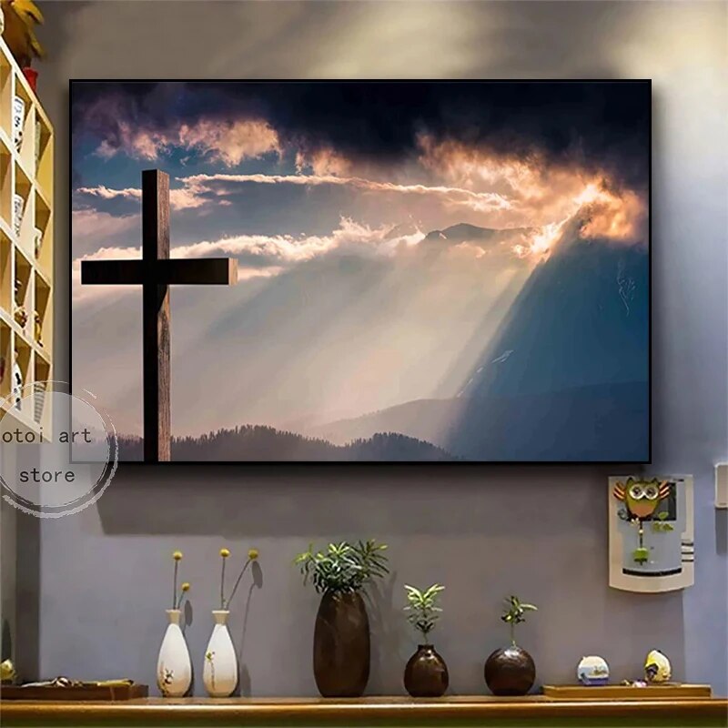 Cross on Hill Christian Canvas Wall Art