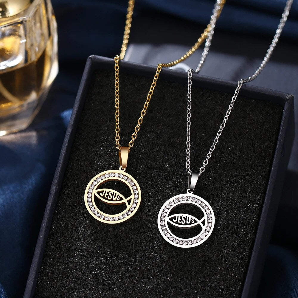 Circular Stainless Steel Jesus Fish Necklace