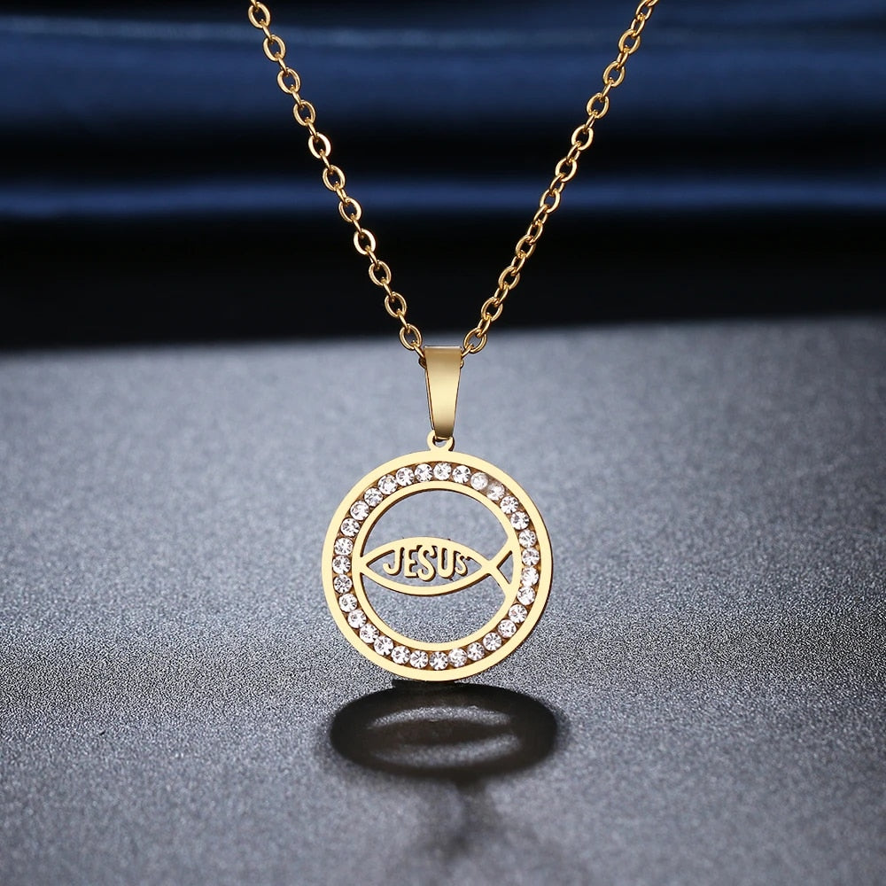 Circular Stainless Steel Jesus Fish Necklace