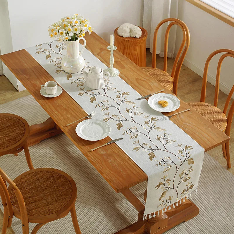 Embroided Cotton Autumn Branch Table Runner