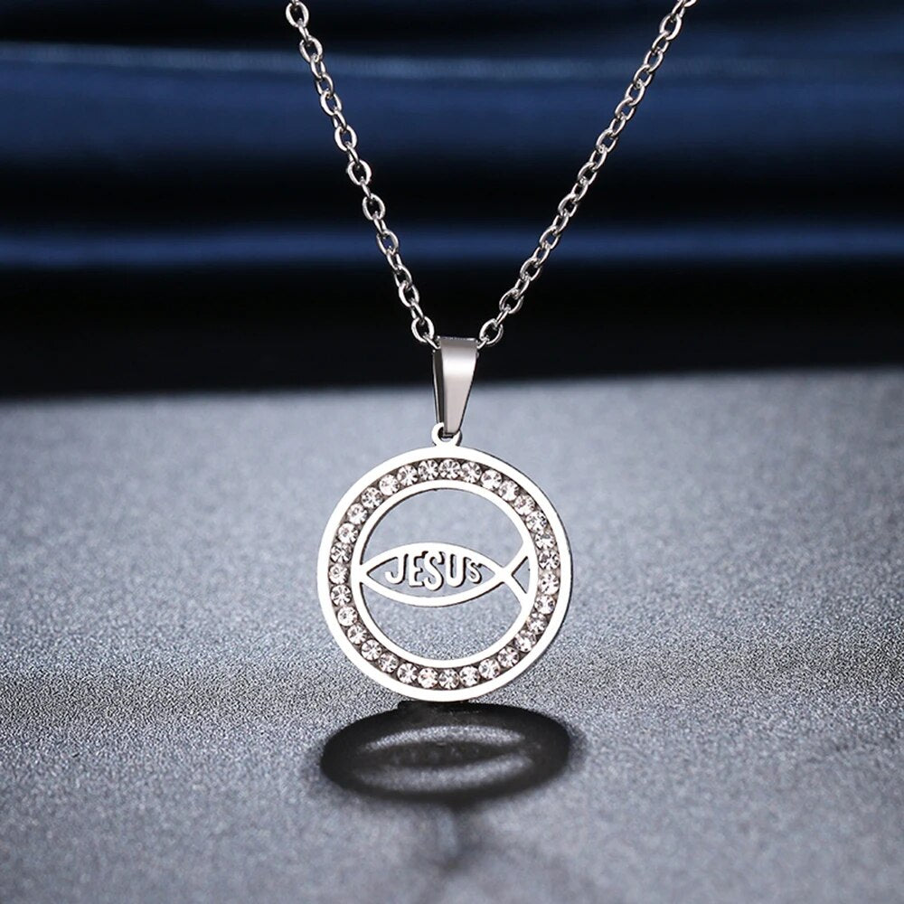 Circular Stainless Steel Jesus Fish Necklace
