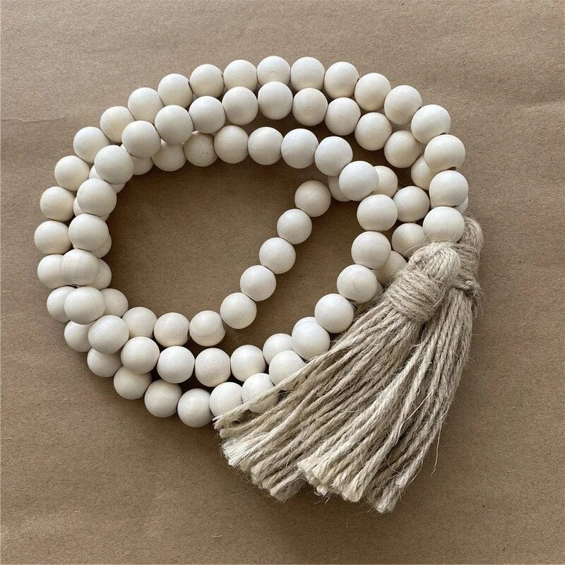 White Farmhouse Tasseled Wood Beads